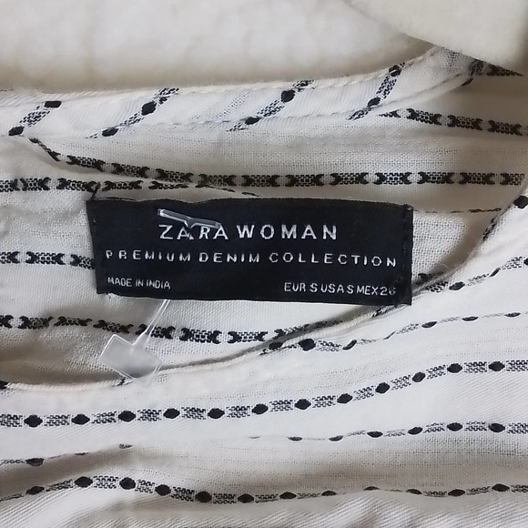 ZARA Boho Blouse Size Small in Black White Stipes w/ Pom Pom fringe - Picture 9 of 11